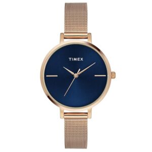 TIMEX Analog Watch for Women with Blue Round Dial & Rose Gold Stainless Steel Bracelet Band Water Resistant Women's Wrist Watches - TWEL155SMU07